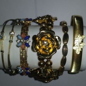 6 Bracelet Lot Set Stretch Flower Gold Tone Chunky